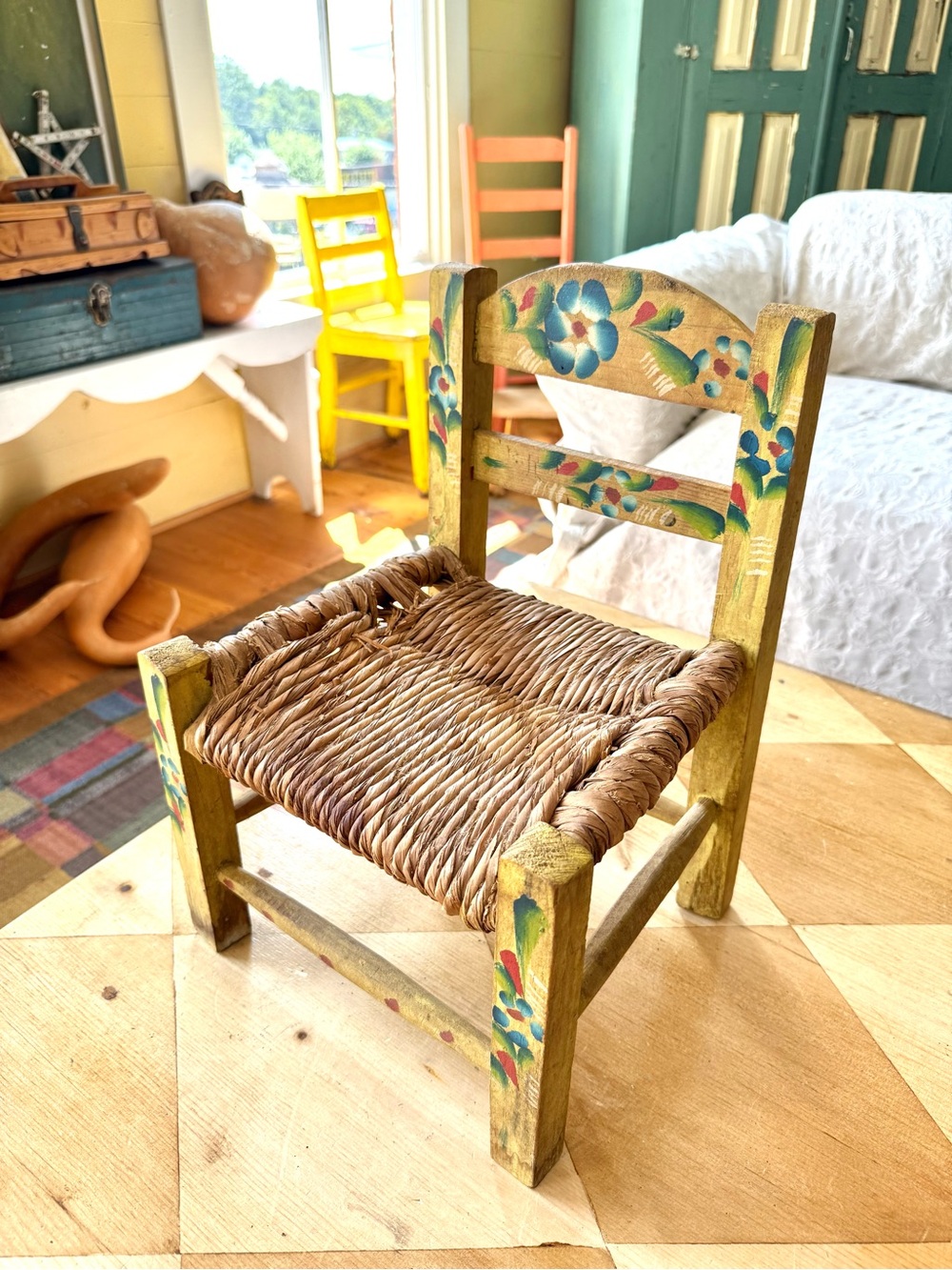 Vintage Hand-Painted Yellow Floral Folk Art Doll Chair with Woven Seat Mexico